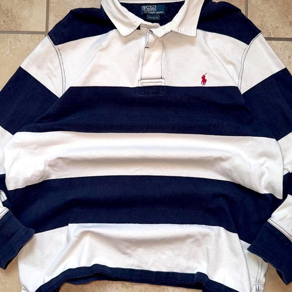 Ralph Lauren Navy and White Striped Custom Fit Rugby Shirt - Size XXL